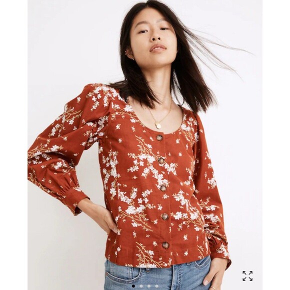 Madewell Corduroy Shirred Sleeve Button-Front Top in Farmstand Bouquet Size XXS - Picture 1 of 7